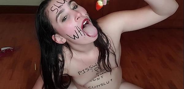  Self degrading slut eats piss covered fruits | body writing